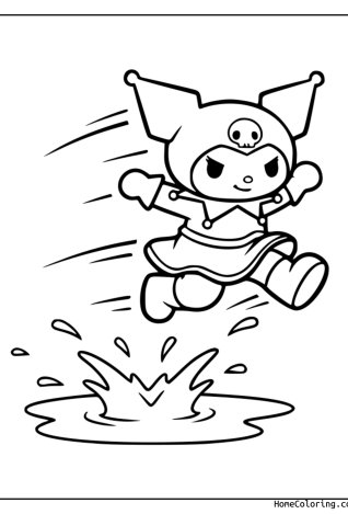 Coloring page: Kuromi happily jumping into a big puddle and splashing.