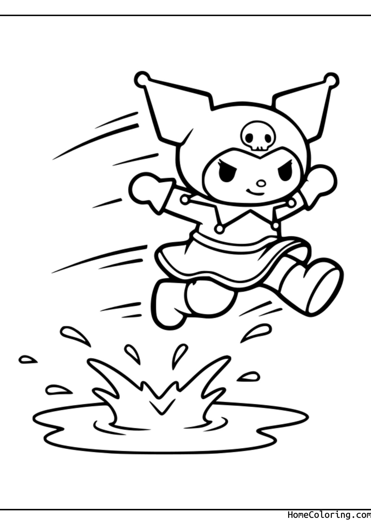 Coloring page: Kuromi happily jumping into a big puddle and splashing.