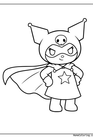 Coloring page: Kuromi as a superhero with a flowing cape and a star on her chest.