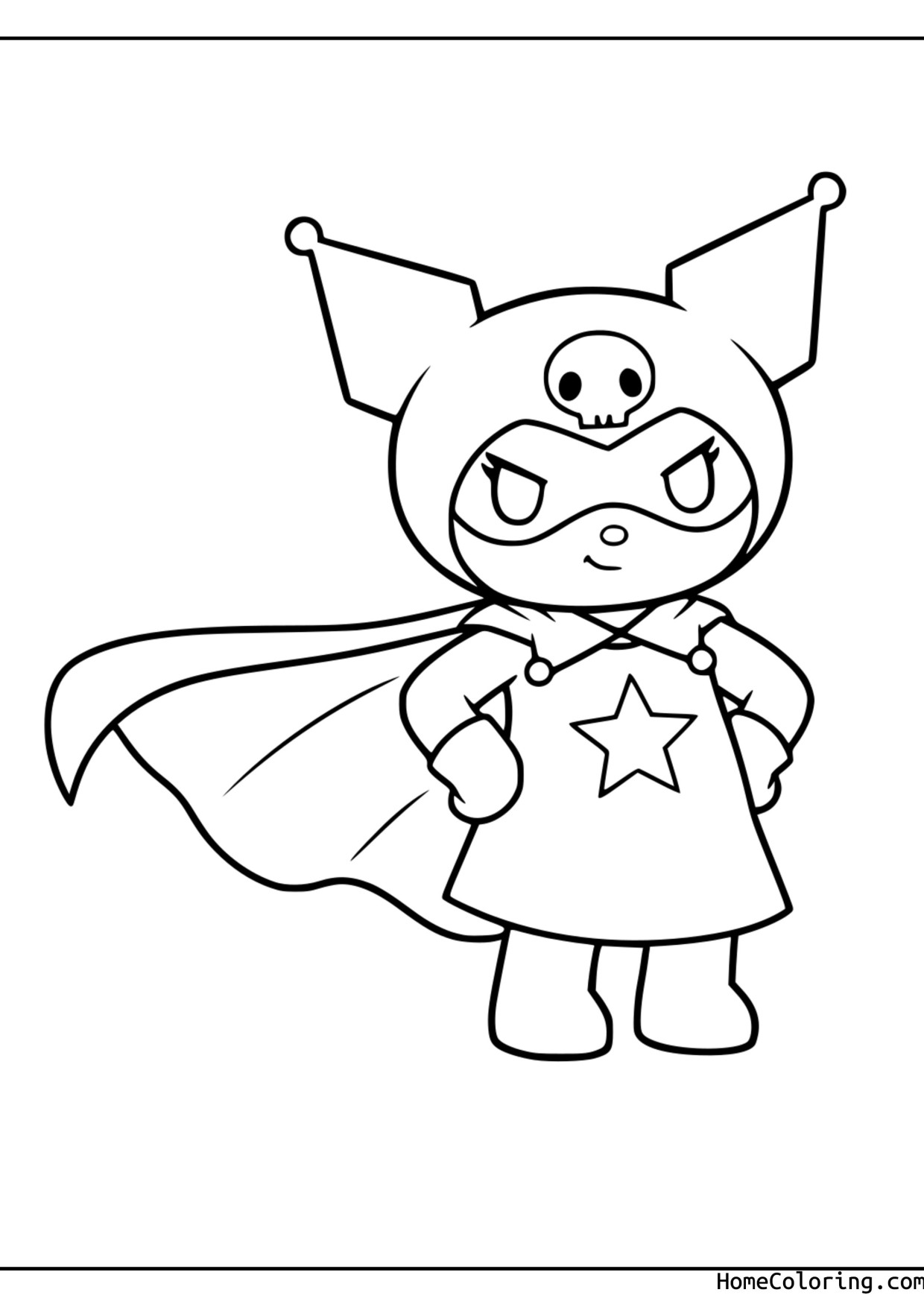 Coloring page: Kuromi as a superhero with a flowing cape and a star on her chest.