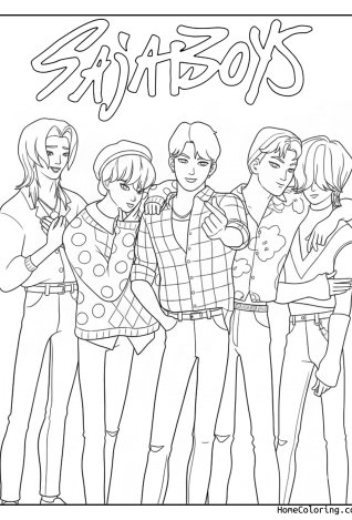 Coloring page: The five members of the boy band Saja Boys posing in casual outfits.
