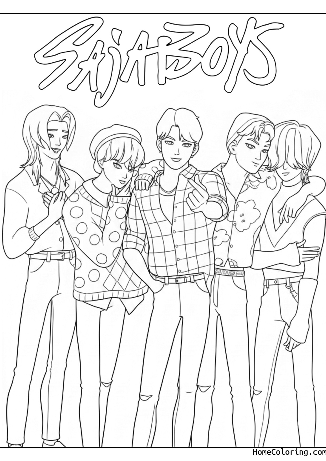 Coloring page: The five members of the boy band Saja Boys posing in casual outfits.