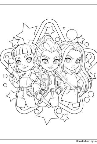 Coloring page: The three Huntrix girls in chibi style framed by stars and a heart.