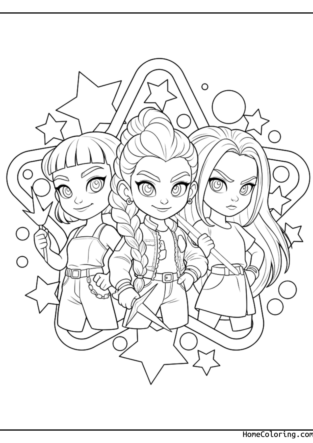 Coloring page: The three Huntrix girls in chibi style framed by stars and a heart.