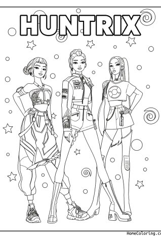 Coloring page: The three Huntrix singers standing together surrounded by stars.