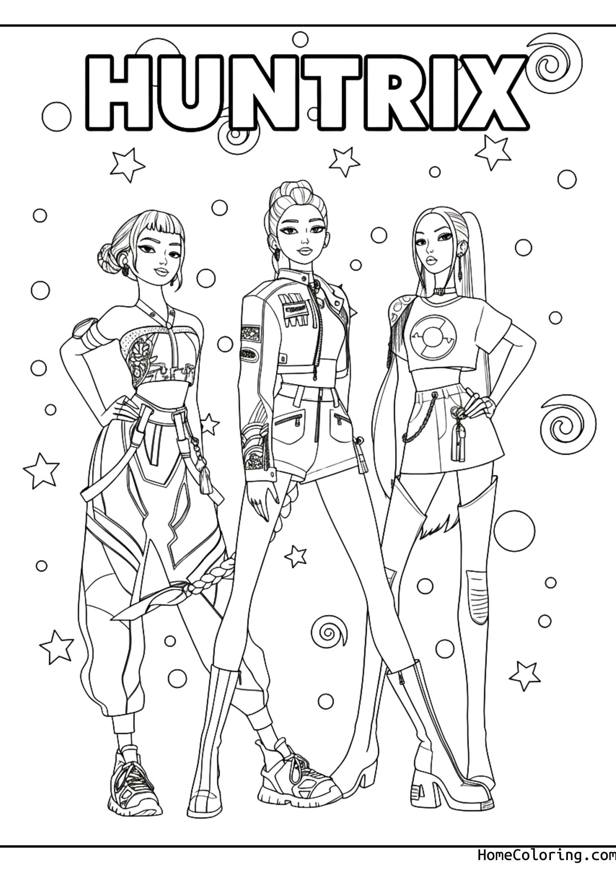 Coloring page: The three Huntrix singers standing together surrounded by stars.
