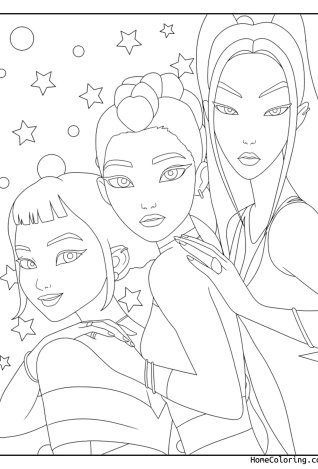 Coloring page: The three Huntrix heroines Rumi, Mira and Zoey in a portrait surrounded by little stars.