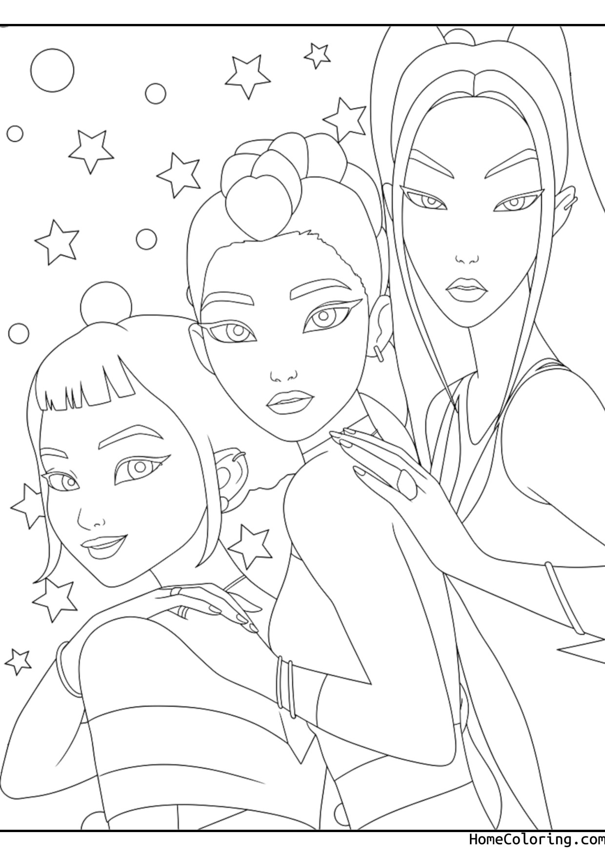 Coloring page: The three Huntrix heroines Rumi, Mira and Zoey in a portrait surrounded by little stars.