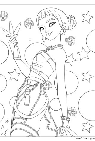 Coloring page: Zoey from Huntrix holding a weapon surrounded by moons and stars.