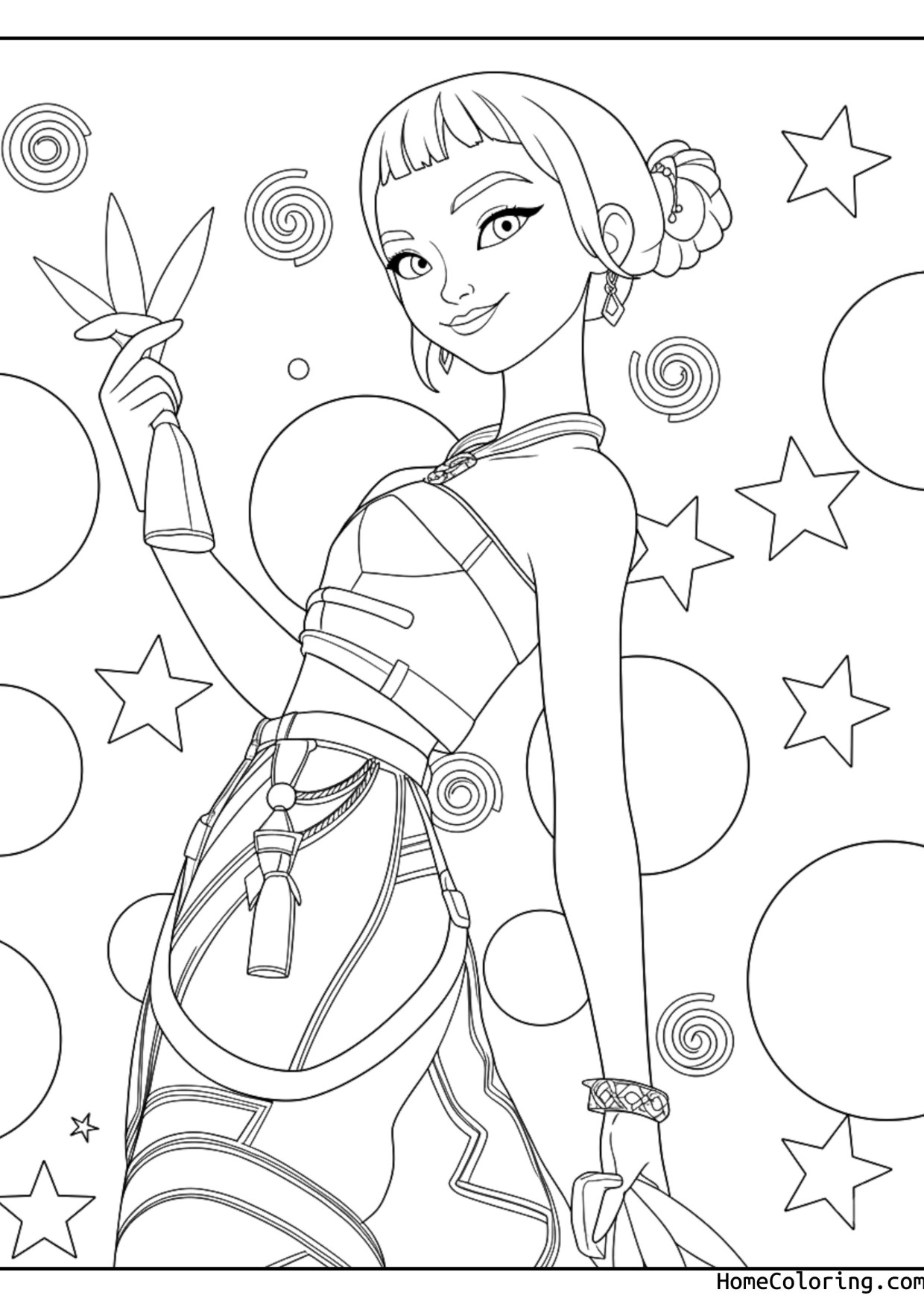 Coloring page: Zoey from Huntrix holding a weapon surrounded by moons and stars.