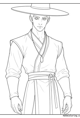 Coloring page: Jinu wearing a traditional Korean hat and a long robe.