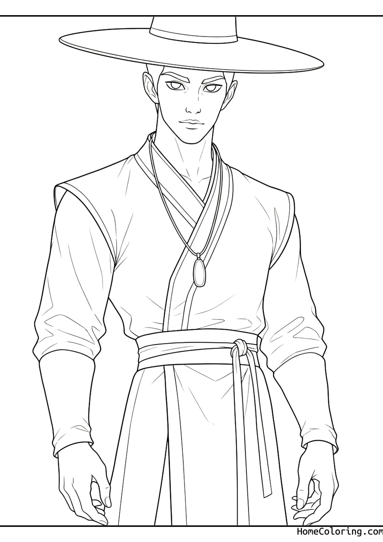 Coloring page: Jinu wearing a traditional Korean hat and a long robe.