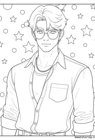 Coloring page: Jinu in an open shirt with glasses surrounded by stars and moons.