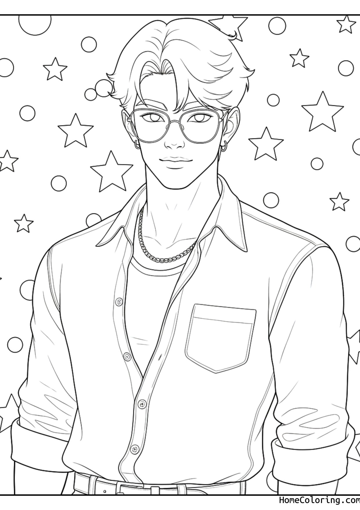 Coloring page: Jinu in an open shirt with glasses surrounded by stars and moons.