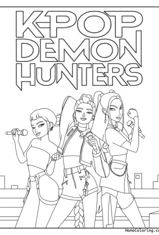 Coloring page: The three Huntrix singers in stage outfits with the K-Pop Demon Hunters title.