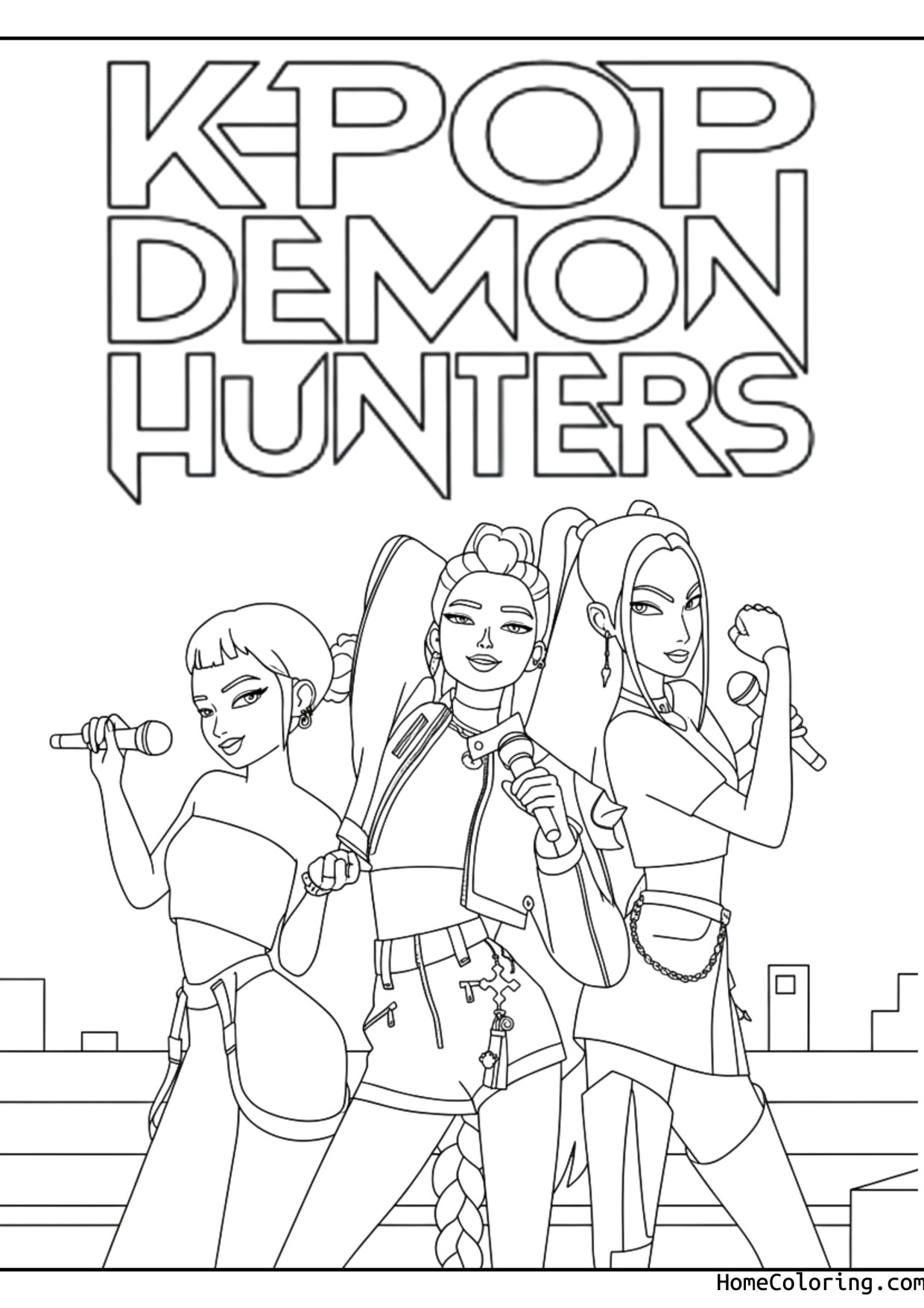 Coloring page: The three Huntrix singers in stage outfits with the K-Pop Demon Hunters title.