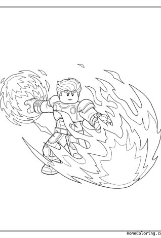 Coloring page: A Roblox hero running inside a swirling fire cloud.