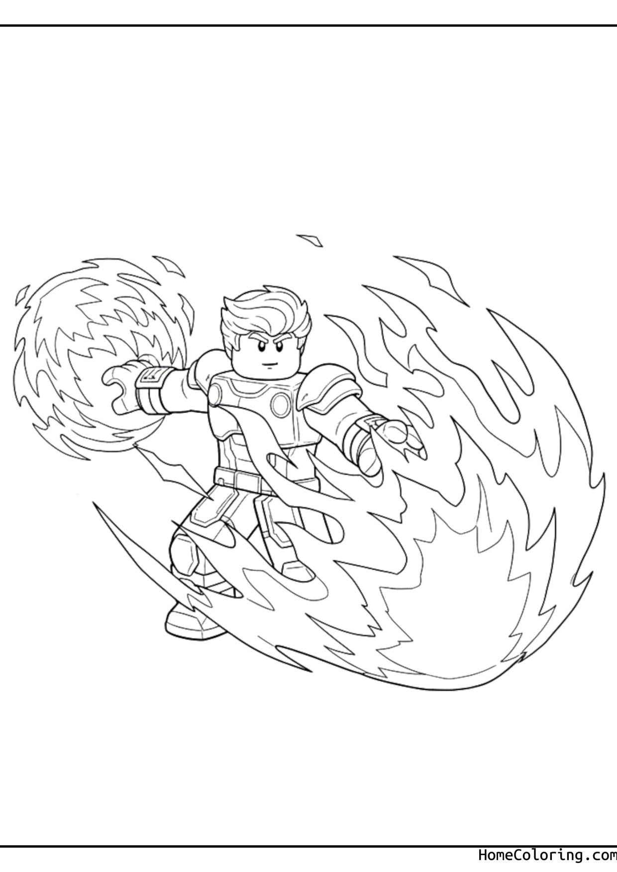 Coloring page: A Roblox hero running inside a swirling fire cloud.
