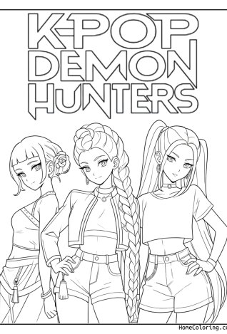 Coloring page: The three Huntrix characters with long braids and the movie title above.