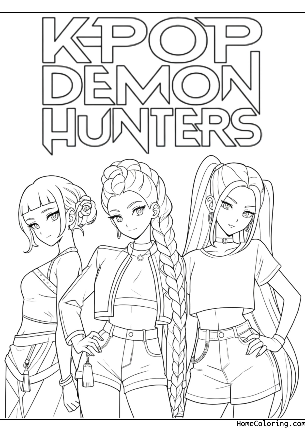 Coloring page: The three Huntrix characters with long braids and the movie title above.