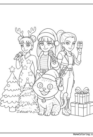 Coloring page: The Huntrix girls with a Christmas tree, gifts and the tiger Derpy.