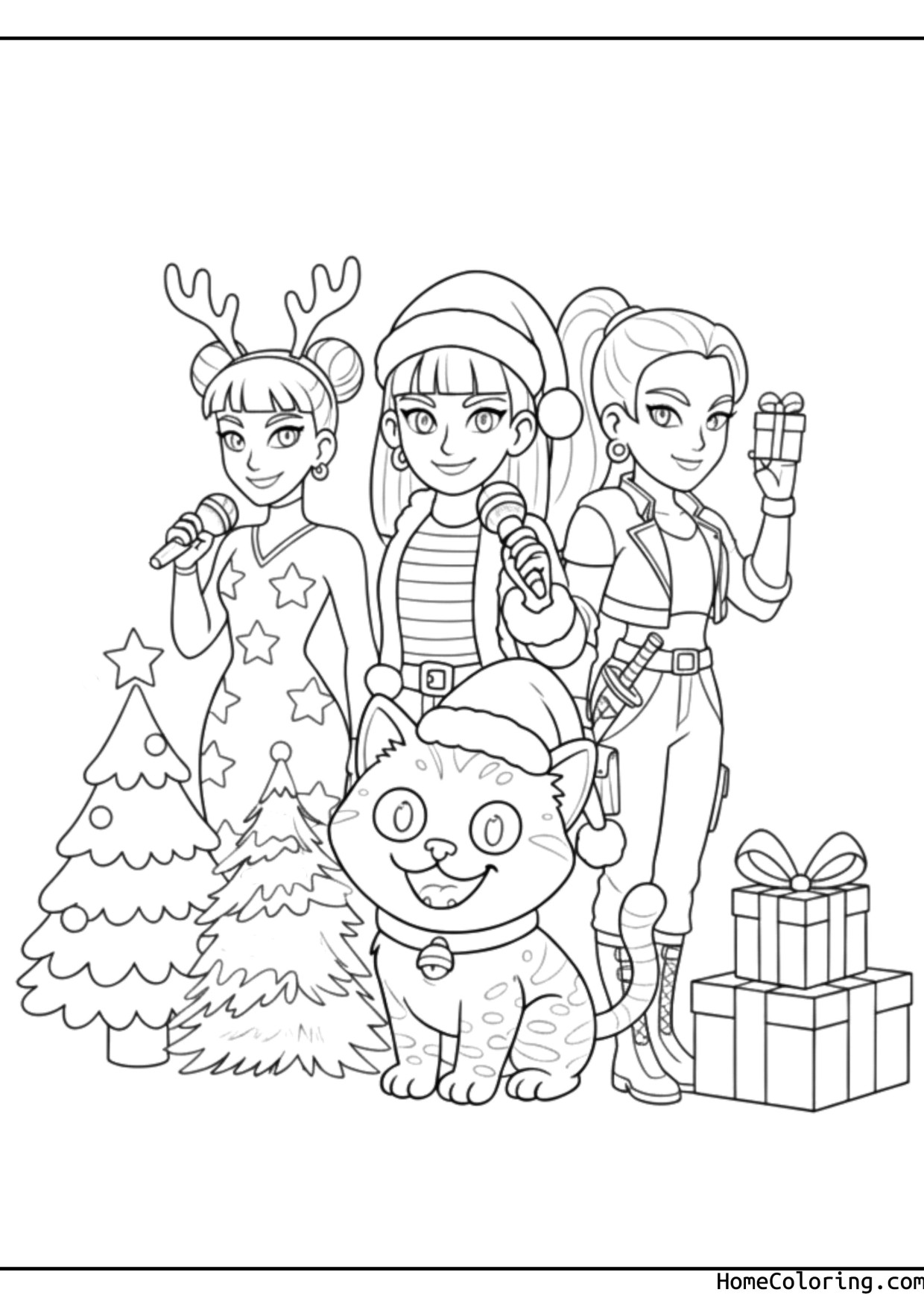 Coloring page: The Huntrix girls with a Christmas tree, gifts and the tiger Derpy.