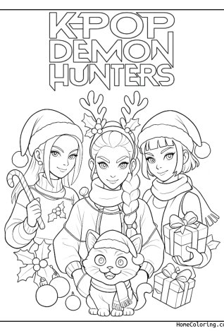 Coloring page: The three Huntrix girls with reindeer antlers, gifts and the tiger Derpy.