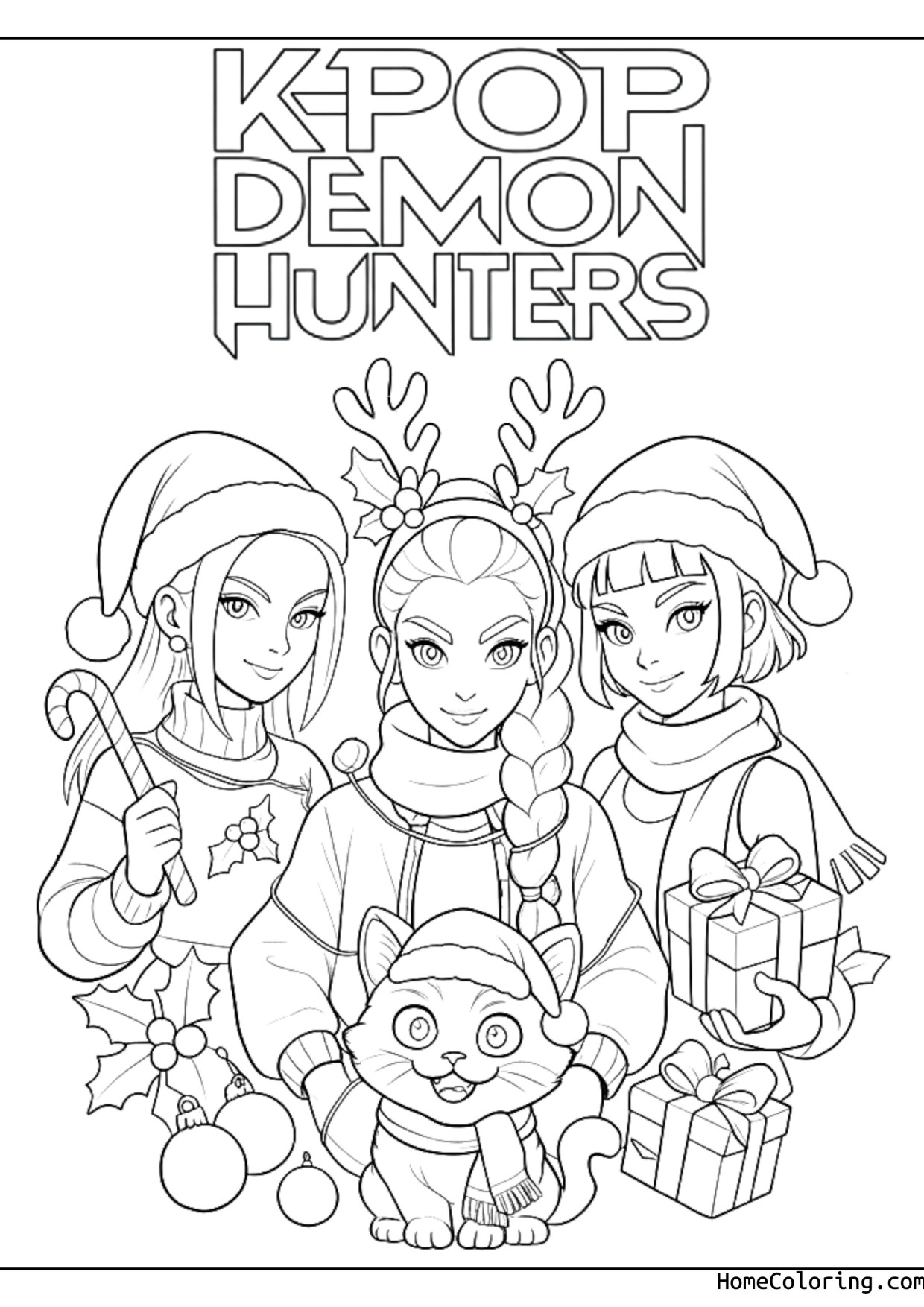 Coloring page: The three Huntrix girls with reindeer antlers, gifts and the tiger Derpy.