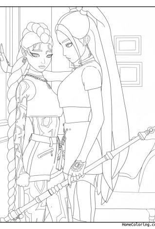 Coloring page: Rumi and Mira from Huntrix standing with their weapons in a room.