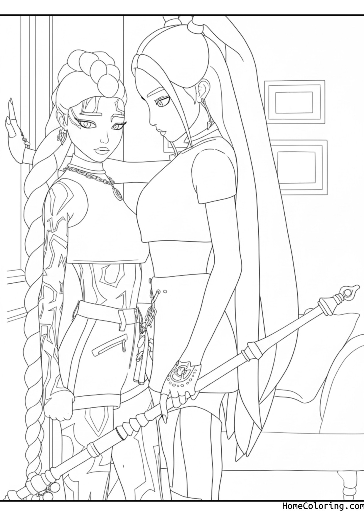 Coloring page: Rumi and Mira from Huntrix standing with their weapons in a room.