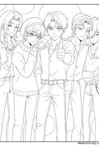 Coloring page: The Saja Boys standing together as a group in casual clothes.