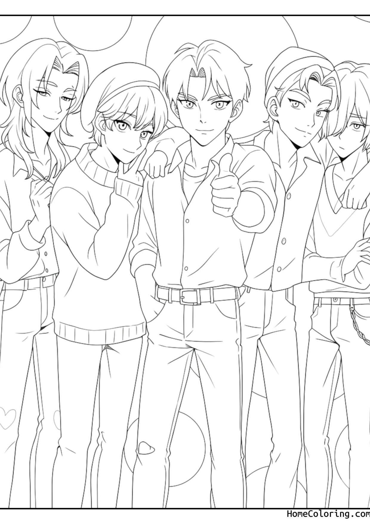 Coloring page: The Saja Boys standing together as a group in casual clothes.