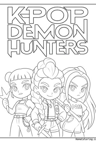 Coloring page: The three Huntrix girls in a simple chibi style with the movie title.