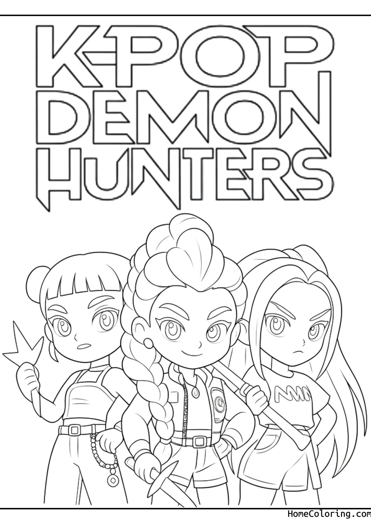 Coloring page: The three Huntrix girls in a simple chibi style with the movie title.