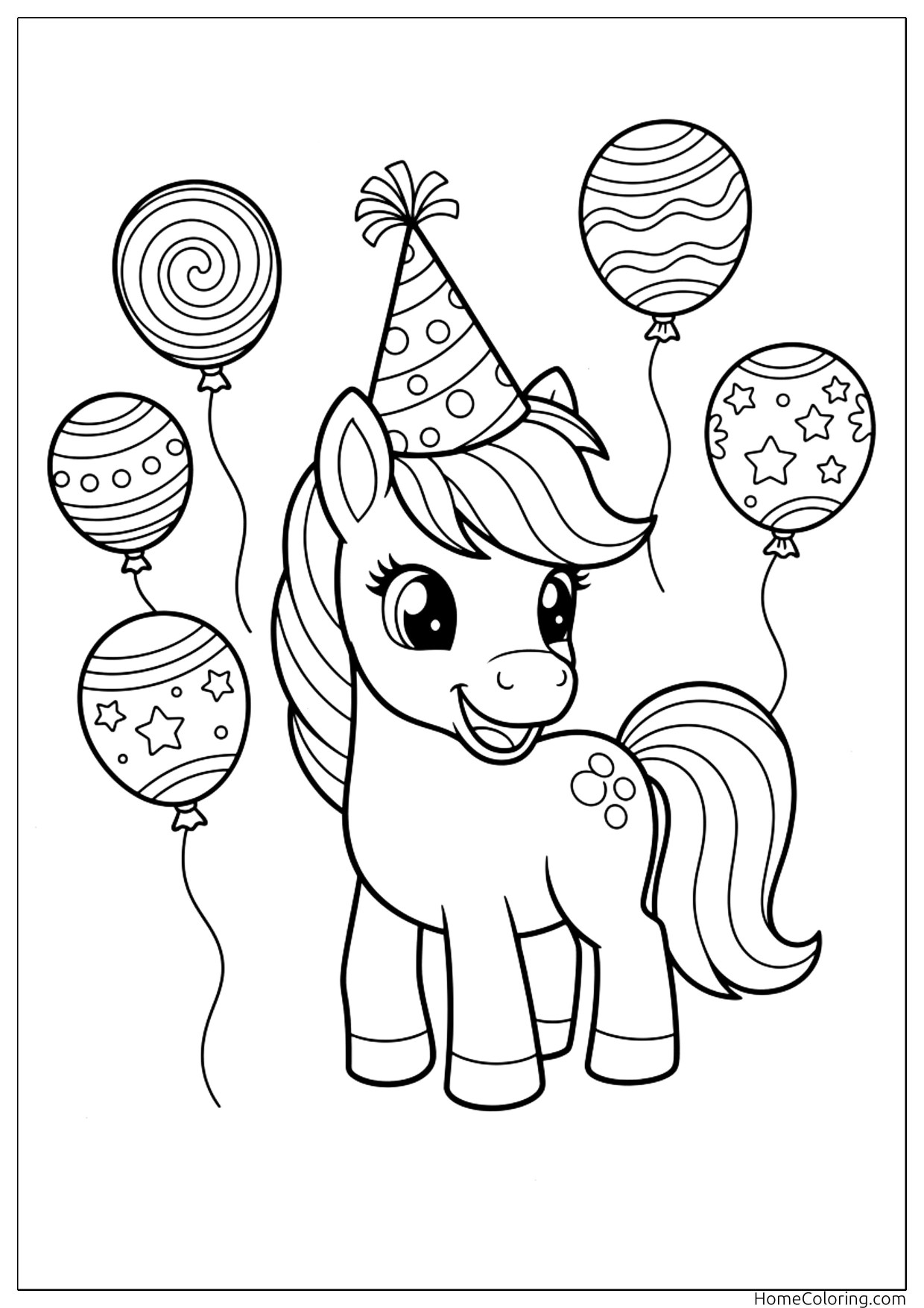 Coloring page: a horse with a party hat and colourful balloons.