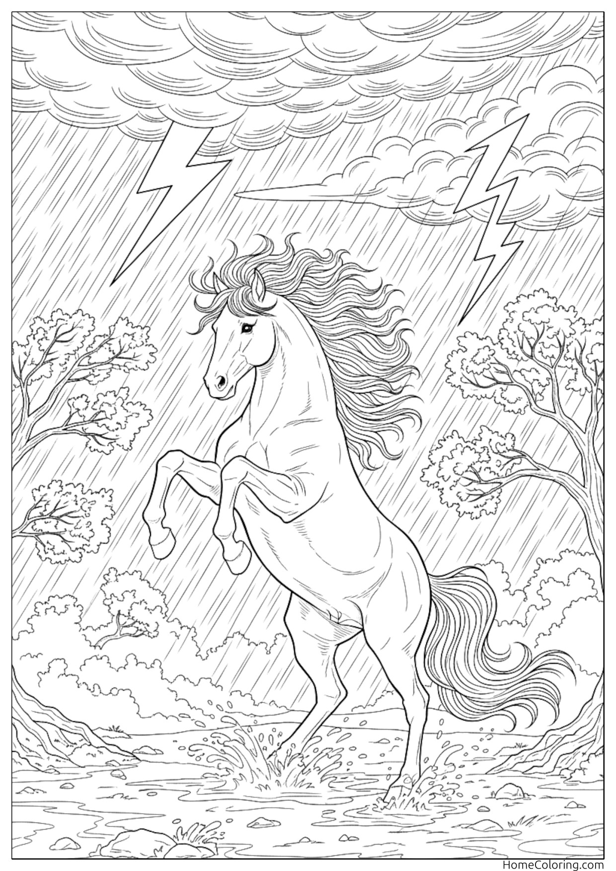 Coloring page: a realistic horse with a detailed mane and strong legs.