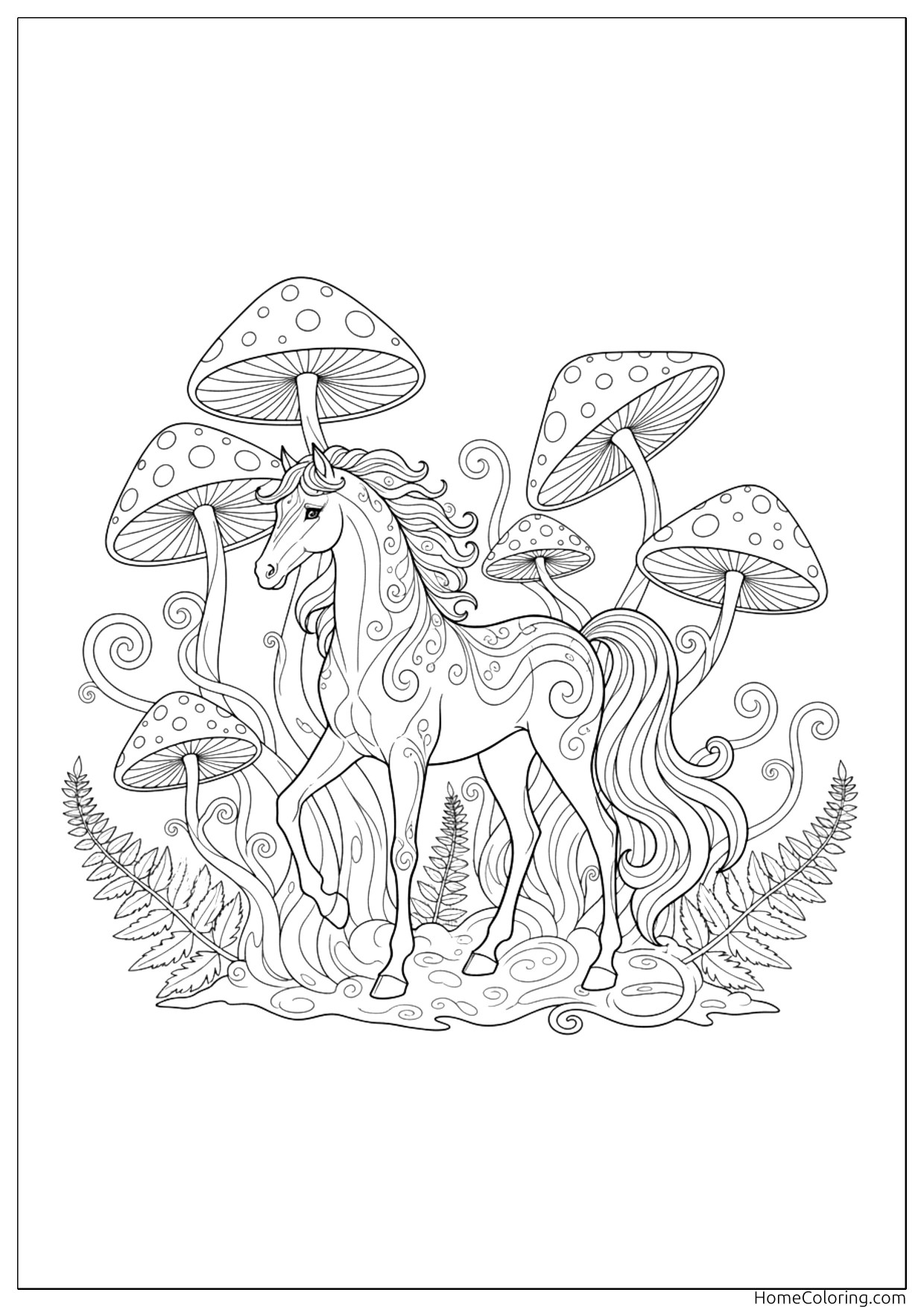 Coloring page: a cute little horse with big eyes and a soft mane.