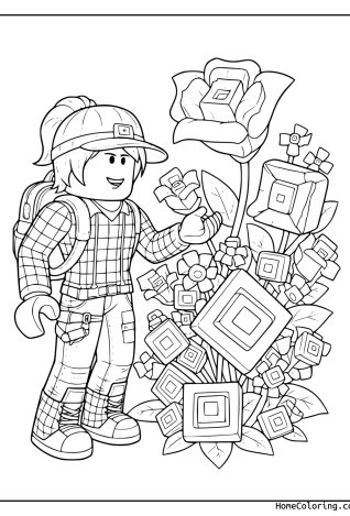Coloring page: A Roblox builder with a helmet and a bouquet of flowers and cubes.