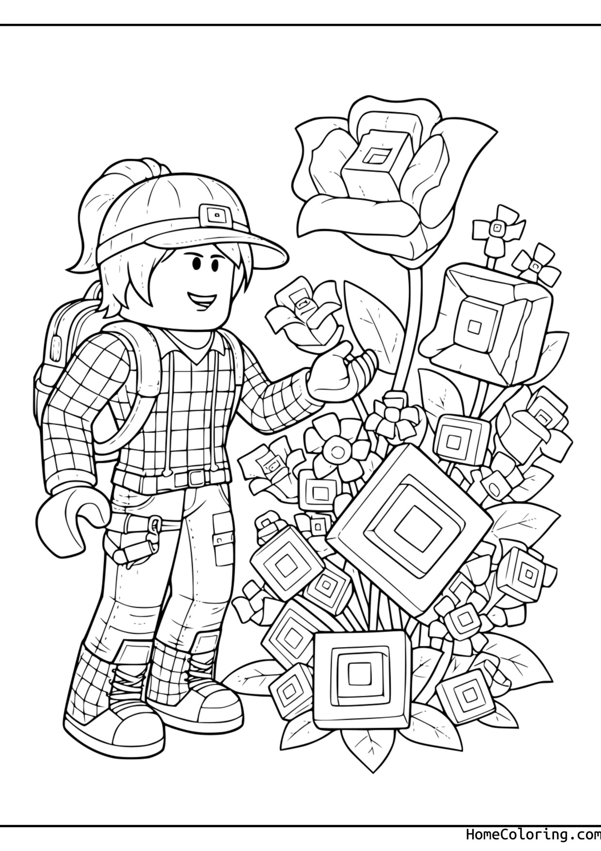 Coloring page: A Roblox builder with a helmet and a bouquet of flowers and cubes.