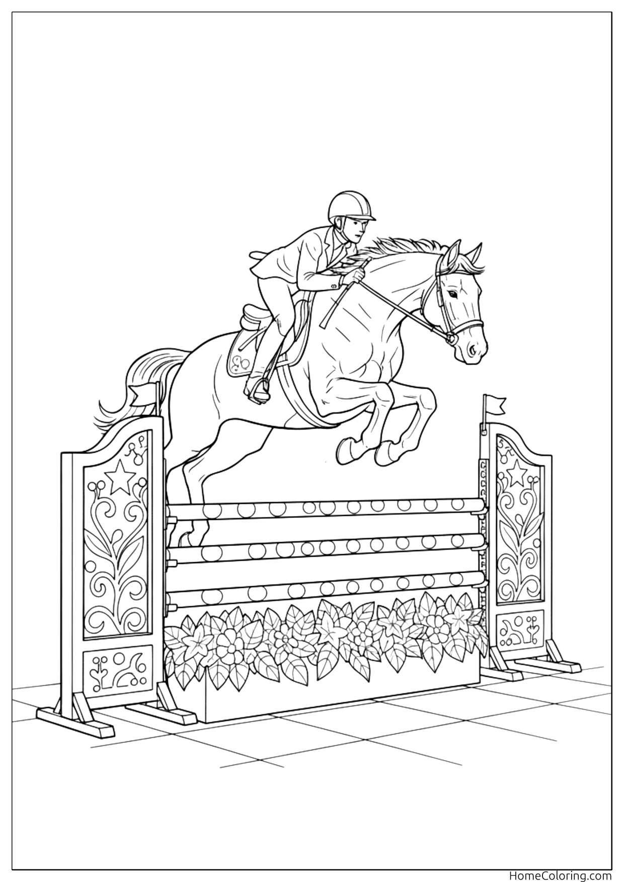 Coloring page: a rider sitting on a walking horse.