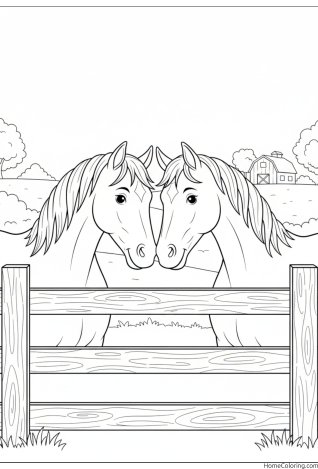 Coloring page: several horses standing on a farm near a fence.