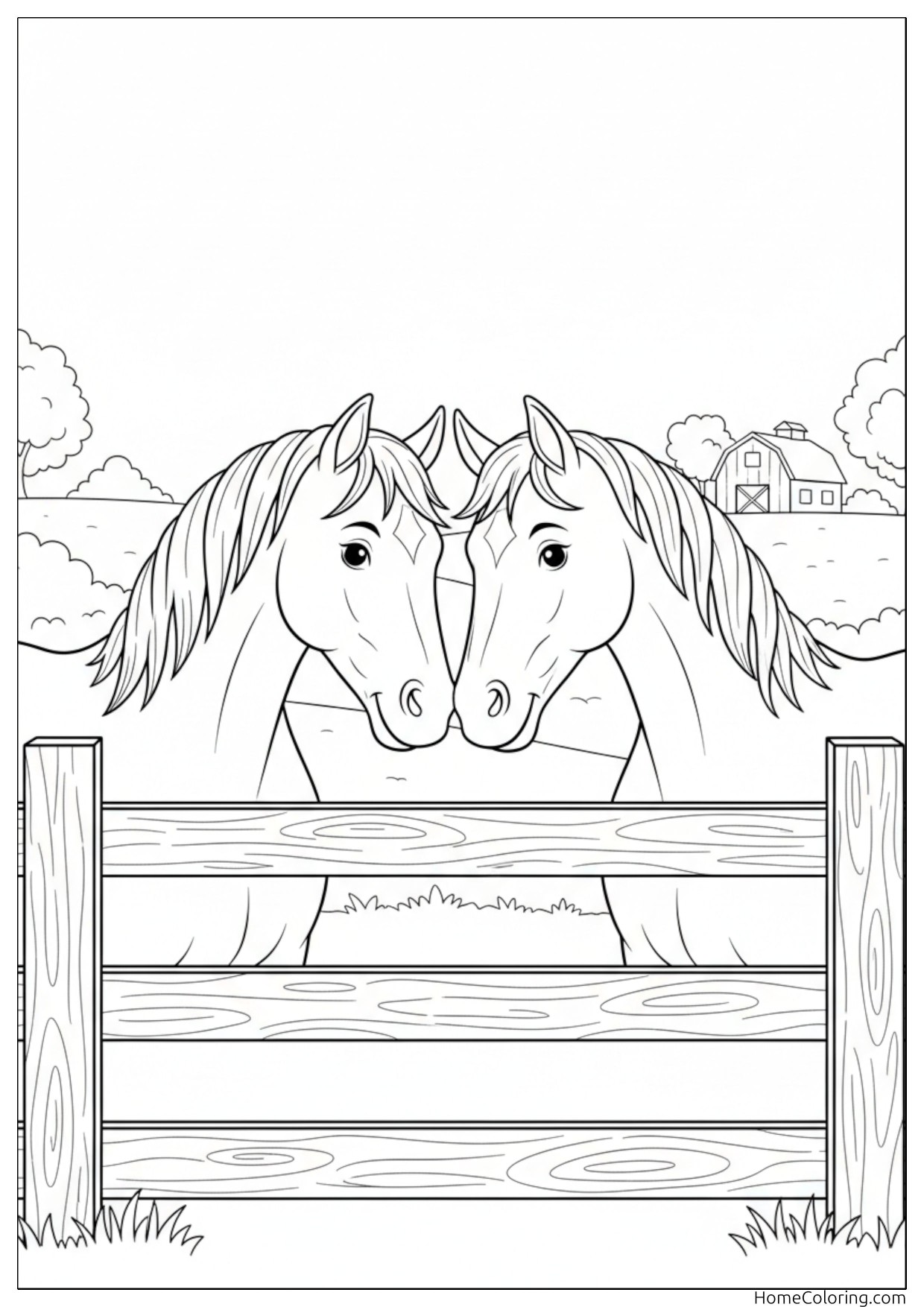 Coloring page: several horses standing on a farm near a fence.