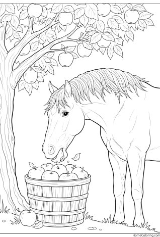 Coloring page: a horse holding an apple near its mouth.