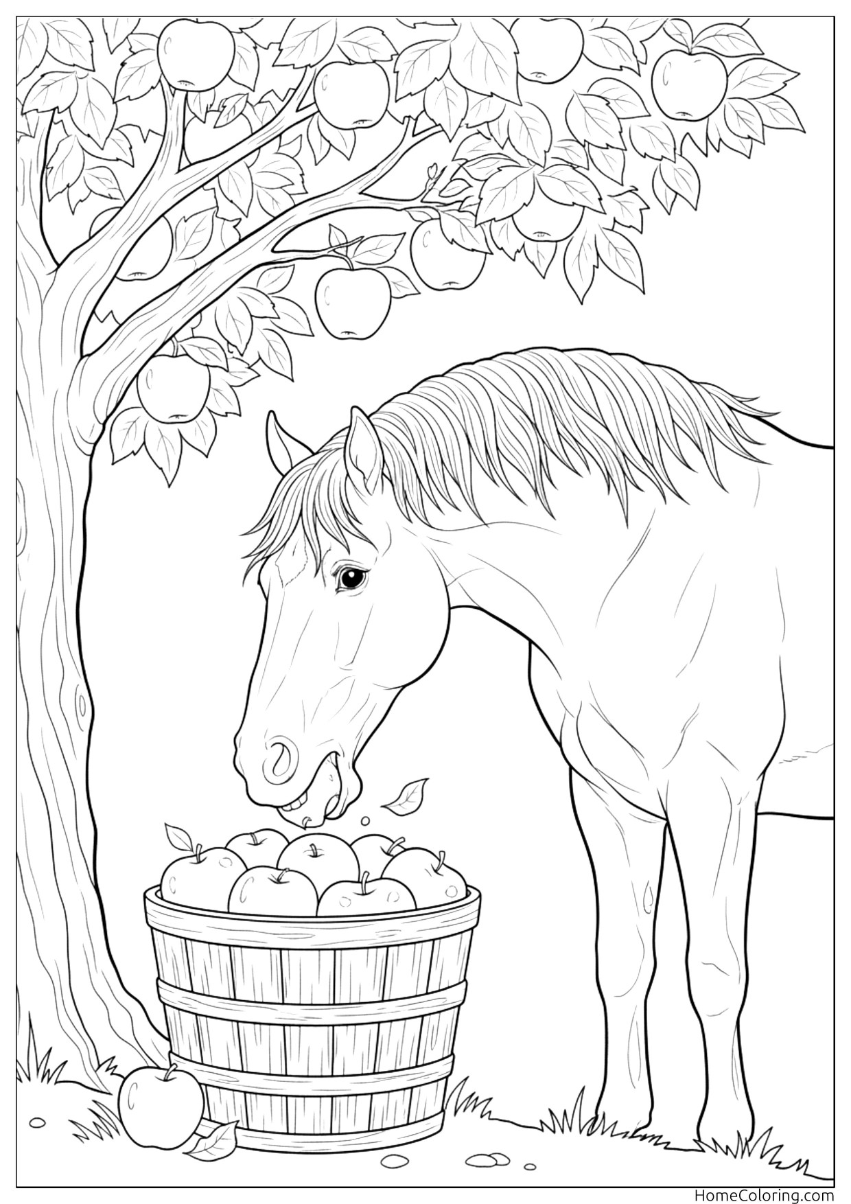 Coloring page: a horse holding an apple near its mouth.
