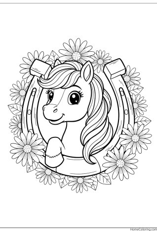 Coloring page: a horse standing next to a lucky horseshoe.