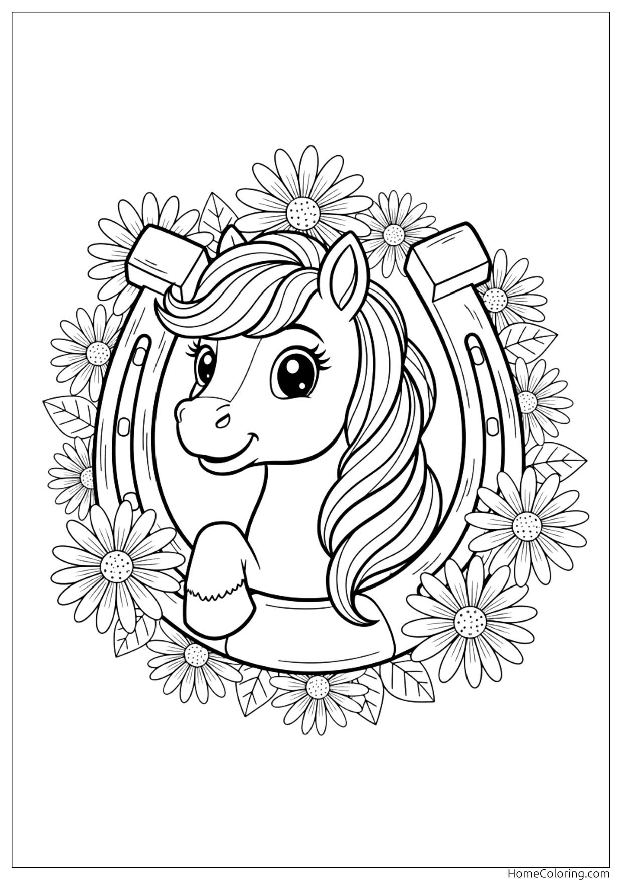 Coloring page: a horse standing next to a lucky horseshoe.