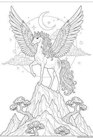Coloring page: a winged Pegasus flying above the clouds.