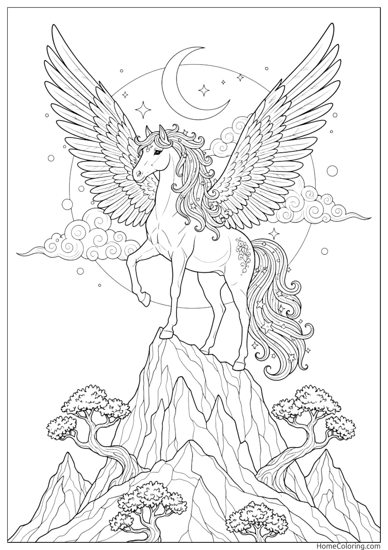 Coloring page: a winged Pegasus flying above the clouds.