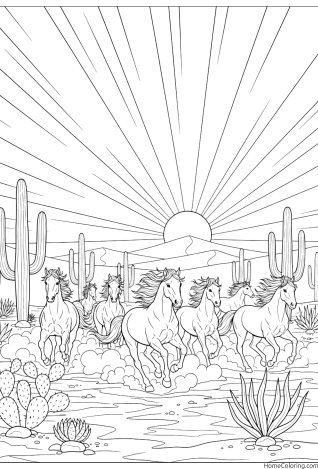 Coloring page: a realistic horse with a flowing mane and detailed muscles.