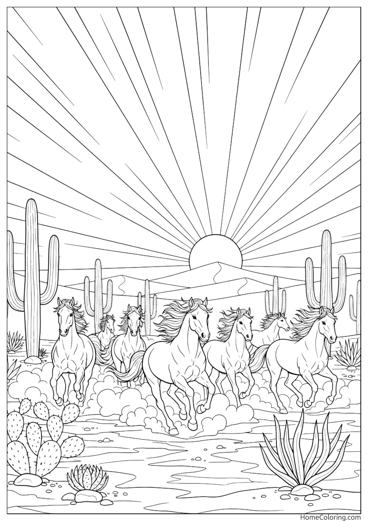 Coloring page: a realistic horse with a flowing mane and detailed muscles.